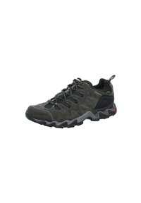Dark grey hiking shoe with suede and mesh upper, rugged black rubber outsole, and lace closure system. Features raised accents and logo branding.