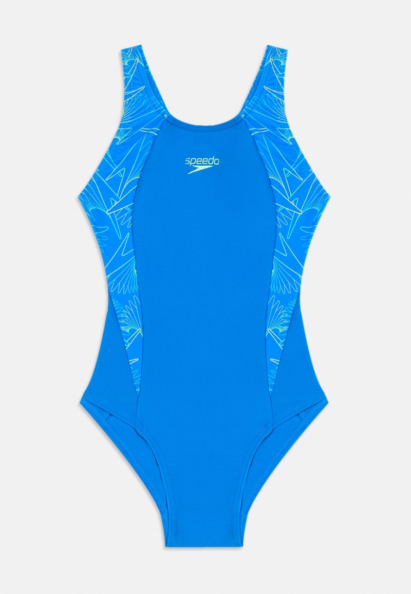 Maillot de bain une pièce bleu avec un devant uni, présentant des pans latéraux bleu vif ornés de motifs abstraits jaunes et d'un logo Speedo.