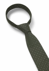 Donkergroene stropdas met een textuur van kleine witte en zilveren vierkante patronen, afgewerkt met een klassieke knoop en een gladde stof.