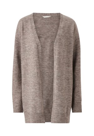 Hellbrauner Cardigan aus weichem Strickstoff. Verfügt über einen V-Ausschnitt, offenen Front und lange Ärmel mit gerippten Bündchen.