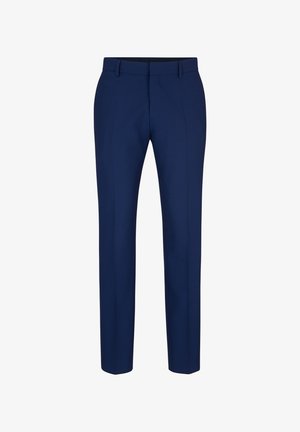 Calças ajustadas azul-marinho com corte reto, passantes para cinto, dois bolsos laterais e uma textura de tecido suave. Sem padrões ou detalhes visíveis.