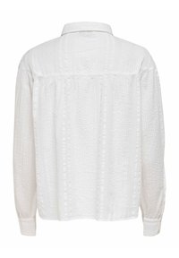 Vit långärmad skjorta med textilstruktur och vertikala ränder samt sammetsdetaljer på baksidan och ärmarna. Klassisk kragdesign.