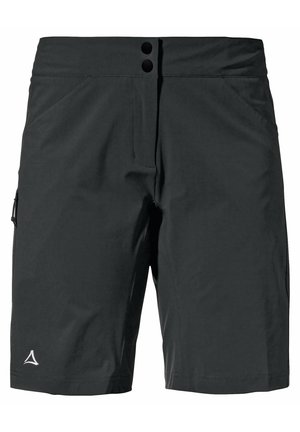 Sorte knælange shorts med to sorte knapper i taljen, sidelommer og et lille hvidt logo nær venstre kant.