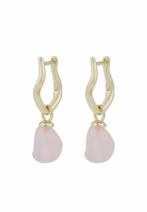 Gold hoop earrings with a textured, curved design. Features a pink, teardrop-shaped stone attached at the base.