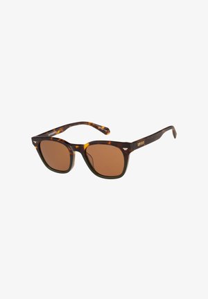 Rechteckige Schildpatt-Sonnenbrille mit braunen Gläsern und dünnen Bügeln, mit einem kleinen metallischen Detail nahe den Scharnieren.