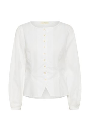 Blouse blanche à manches longues avec encolure ronde, fermeture à boutons sur le devant et détail de taille légèrement cintré.