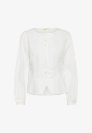 Blusa bianca a maniche lunghe con scollo rotondo, chiusura frontale con bottoni e dettaglio in vita leggermente sagomato.