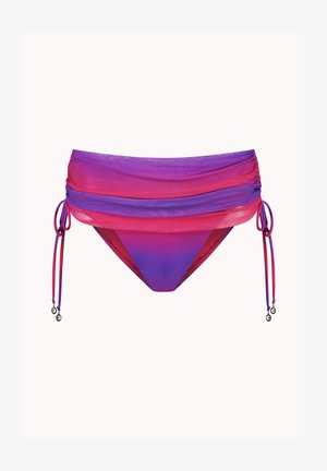 Parte inferior de bikini con degradado en tonos morado y rosa, con fruncidos en los laterales y cordones ajustables que terminan en pequeños colgantes metálicos.