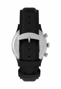 Montre à bracelet en caoutchouc noir avec boîtier en acier inoxydable, forme ronde et finitions en argent. Possède une surface lisse et plusieurs trous pour le bracelet.