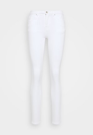 White skinny jeans made of denim, featuring a high waist, five pockets, button closure, and a smooth, solid-textured finish.