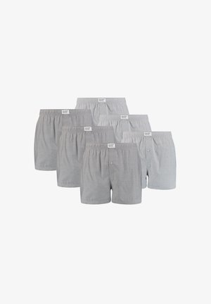 Gray cotton boxers with a checkered pattern, elastic waistband, and front button detail; displayed in a grouped arrangement.