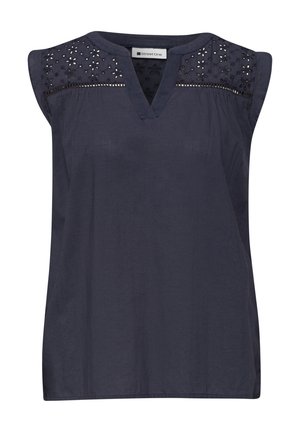Blouse sans manches bleu marine avec col en V, empiècement en dentelle florale et motif décoratif ajouré sur le devant en haut.
