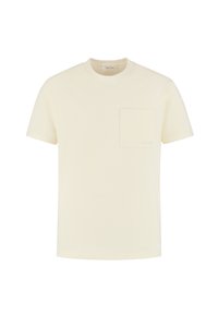 Crème-kleurig katoen T-shirt met een ronde halslijn, korte mouwen en een voorzakje met subtiele textuur. 