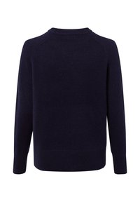 Granatowy sweter z dzianiny z okrągłym dekoltem, ściągaczami przy mankietach i u dołu, charakteryzujący się gładką teksturą i minimalistycznym stylem.