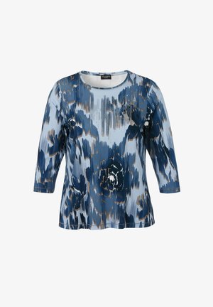 Blue and gray abstract floral print long-sleeve shirt with round neckline and small rhinestone details on upper chest.