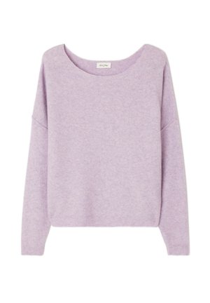 Lilla sweater lavet af blød stof, har en bred udskæring, afslappet pasform, sænkede skuldre og en ribbet kant. Simpelt design uden mønstre.