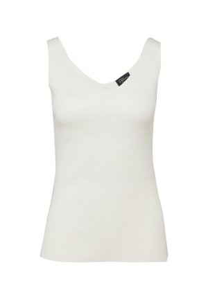Canotta bianca senza maniche in maglia con spalline larghe e piccolo logo nero vicino allo scollo.