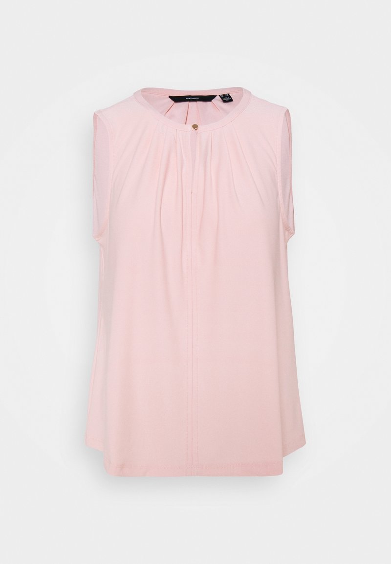 Haut rose sans manches avec un col rond, présentant de subtils plis et un détail de bouton au centre. Confectionné dans un tissu doux et lisse.