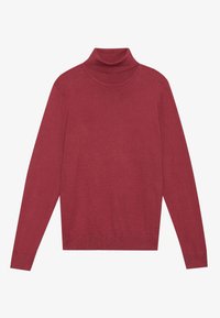 Pull à col roulé rouge en tissu tricoté doux. Il présente des manches longues ainsi qu'un ourlet et un col côtelés. Design simple et uni sans motifs.