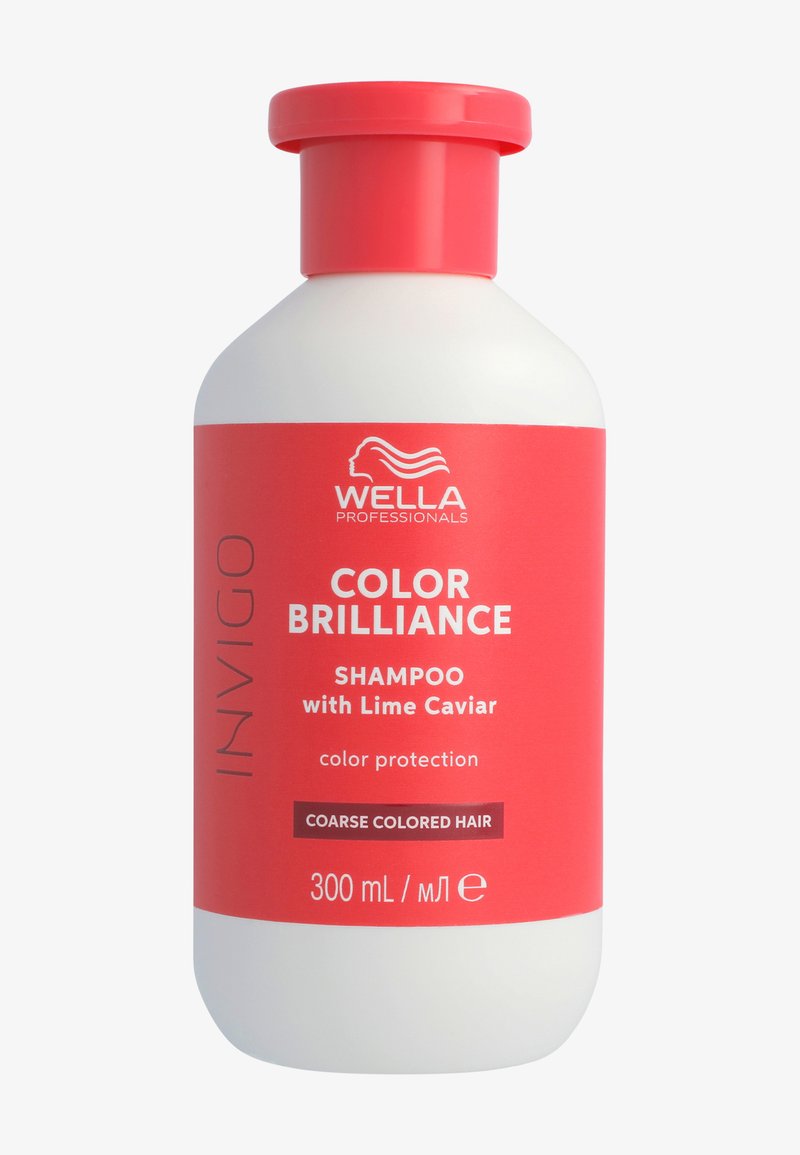 Bouteille de shampooing Wella Professionals Invigo Color Brilliance pour cheveux épais colorés au caviar de citron vert, 300 mL, emballage rouge et blanc.