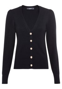 Svart stickad cardigan med långa ärmar, V-ringning och knappstängning med pärlliknande detaljer. Slät textur med ribbade ärmslut.