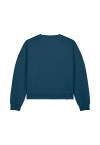 Sweatshirt court teal avec manches longues, col rond et poignets côtelés. Fabriqué en tissu doux avec une texture lisse ; sans motifs visibles.