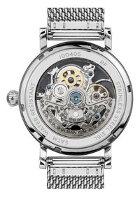 Orologio in acciaio inossidabile con retro trasparente, che mette in mostra ingranaggi intricati e dettagli in oro e blu, fissato a un bracciale a maglia. Resistente all'acqua fino a 5ATM.