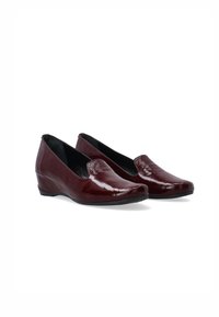 Burgundy leather flats with a glossy finish, rounded toe, and a modest wedge heel. Sleek design without visible hardware or patterns.