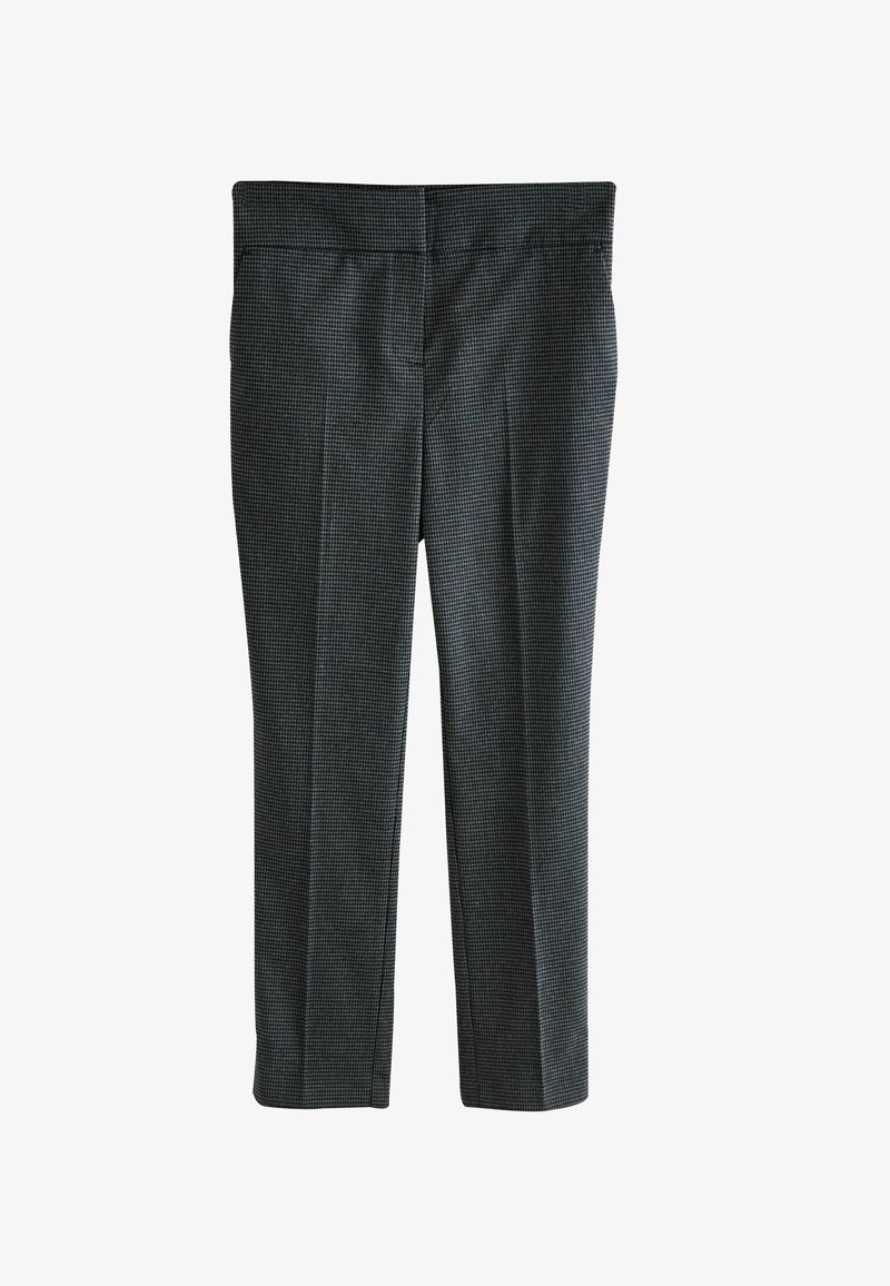 Schwarzkariierte Hose mit tailliertem Schnitt. Verfügt über eine flache Vorderseite, zwei Seitentaschen und einen dezenten Glanz des Gewebes.