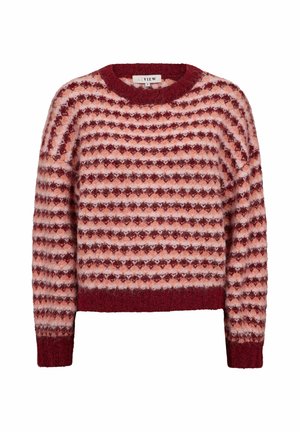 Pull en grosse maille avec motif à rayures horizontales dans des tons roses et bordeaux, col rond, manches longues, poignets et bas côtelés.