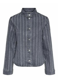 Giacca di jeans di colore blu scuro con strisce verticali argentate. Presenta un colletto, maniche lunghe e chiusura frontale a bottoni.