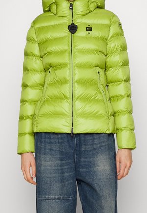 Grøn pufferjakke med front lynlås og lommer, iført med blå slidte denim jeans, viser torso og arme mod en neutral baggrund.