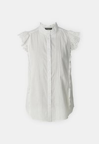 Camisa blanca de botones con mangas cortas y rizadas, detalles de pliegues finos, cuello alto y dobladillo en forma de ondas. Hecha de una tela ligera.