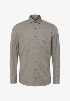 Langarm-Hemd in Grau mit einem subtilen geometrischen Muster, ausgestattet mit einem Kentkragen und braunen Knöpfen entlang der Vorderseite.