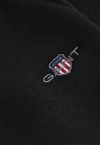 Scudo ricamato con strisce rosse e bianche e stelle blu, sormontato da una bandiera da golf grigia, su tessuto nero.