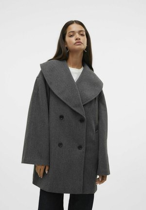 Gray double-breasted coat with a large collar, made from a textured fabric. Features black buttons and wide sleeves.