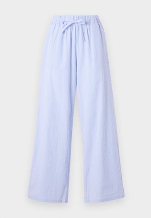 Pantalons à larges rayures bleu clair avec une taille élastique et un lien ajustable. Tissu doux avec des rayures verticales pour un peu de texture.