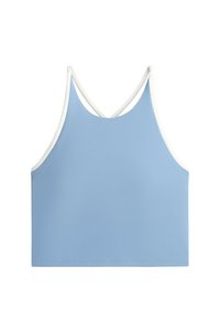 Light blue cropped tank top with white trim and thin crisscross shoulder straps on a white background.
