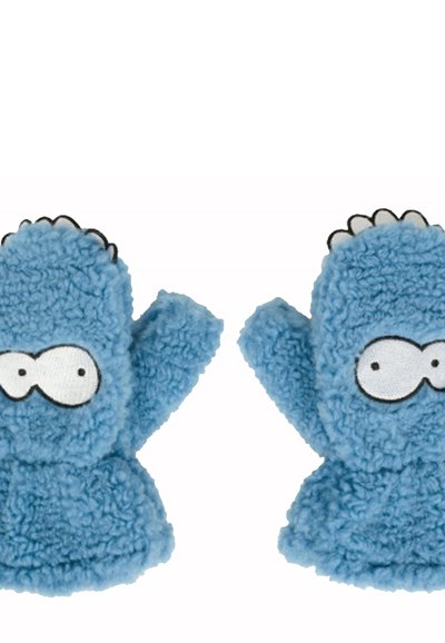 Miękkie, niebieskie rękawiczki z polaru z kreskówkowymi białymi oczami i małymi czarnymi pazurkami na górze, zaprojektowane dla dzieci.