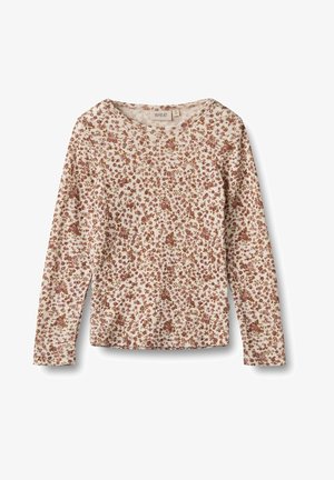 Dlhý rukáv kvetinový top v krémovej farbe s ružovými a hnedými kvetinovými vzormi. Má široký výstrih a mäkkú, textúrovanú látku. Výrobca: Wheat.