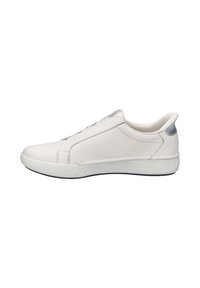 White leather sneaker with a smooth texture, featuring a low profile, round toe, and lace-up front. Accented by a contrasting heel detail.