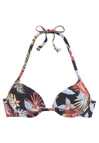 Zwarte bikini-top met een bloemenpatroon in rood, blauw en geel. Voorzien van verstelbare strikken bij de nek en achterkant voor een veilige pasvorm.