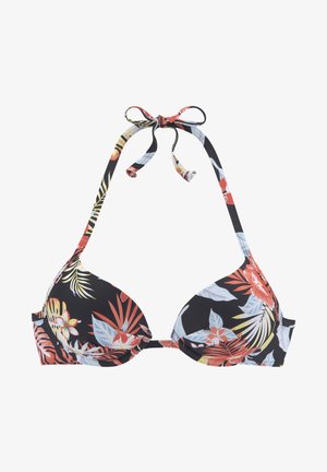 Črn bikini zgornji del z cvetličnim vzorcem v rdeči, modri in rumeni barvi. Ima nastavljive vozlje na vratu in hrbtu za varno prileganje.