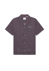 Short-sleeve shirt in dark navy with circular red and blue patterned design, featuring a button-down front and a left chest logo detail.