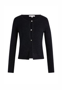 Gestreepte marineblauwe cardigan met lange mouwen, ronde halslijn en knoopsluiting aan de voorkant, voorzien van kleine parelaccenten. Zachte textuur met een subtiele glans.