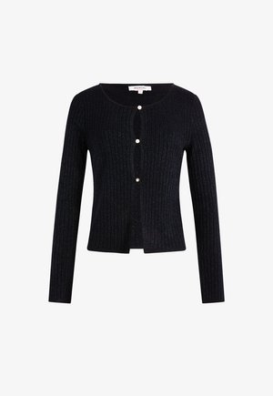 Ribbed navy cardigan with long sleeves, round neckline, and front button closure featuring small pearl accents. Soft texture with subtle shimmer.