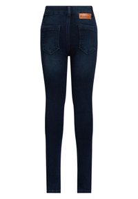 Tmavě modré skinny džíny s vysokým pasem, dvěma zadními kapsami a koženým štítkem na pásku. Hladká textilie denimu.