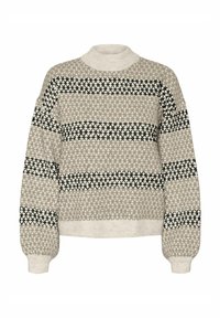 Pull beige en tricot avec des motifs croisés noirs et crème. Il présente un col montant et des manches bouffantes avec des poignets côtelés. Coupe régulière.