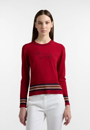 Kobieta ubrana w czerwony sweter z czarnym konturem jamnika oraz paskami u dołu i na mankietach, w połączeniu z białymi spodniami, stojąca na białym tle.