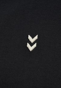 Deux petits chevrons blancs brodés pointant vers le bas sur un fond de tissu noir.
